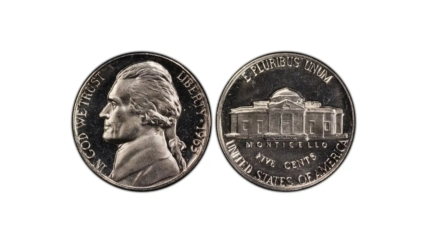 A picture of a 1965 Jefferson Nickel from a Special Mint Set with a Deep Cameo finish.