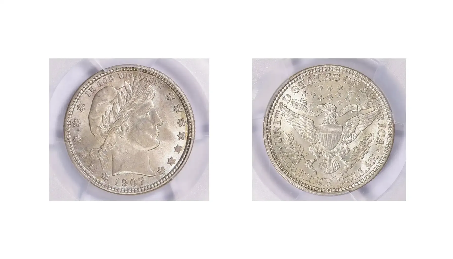  A picture of a 1907-D Barber Quarter showing the doubled die obverse and repunched date errors.