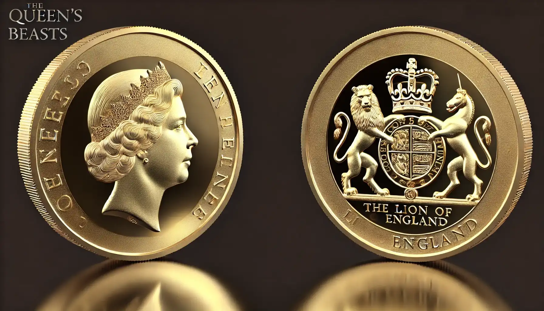 a picture showing the obverse and reverse of one of the gold Queen's beasts coins  - The Lion of England