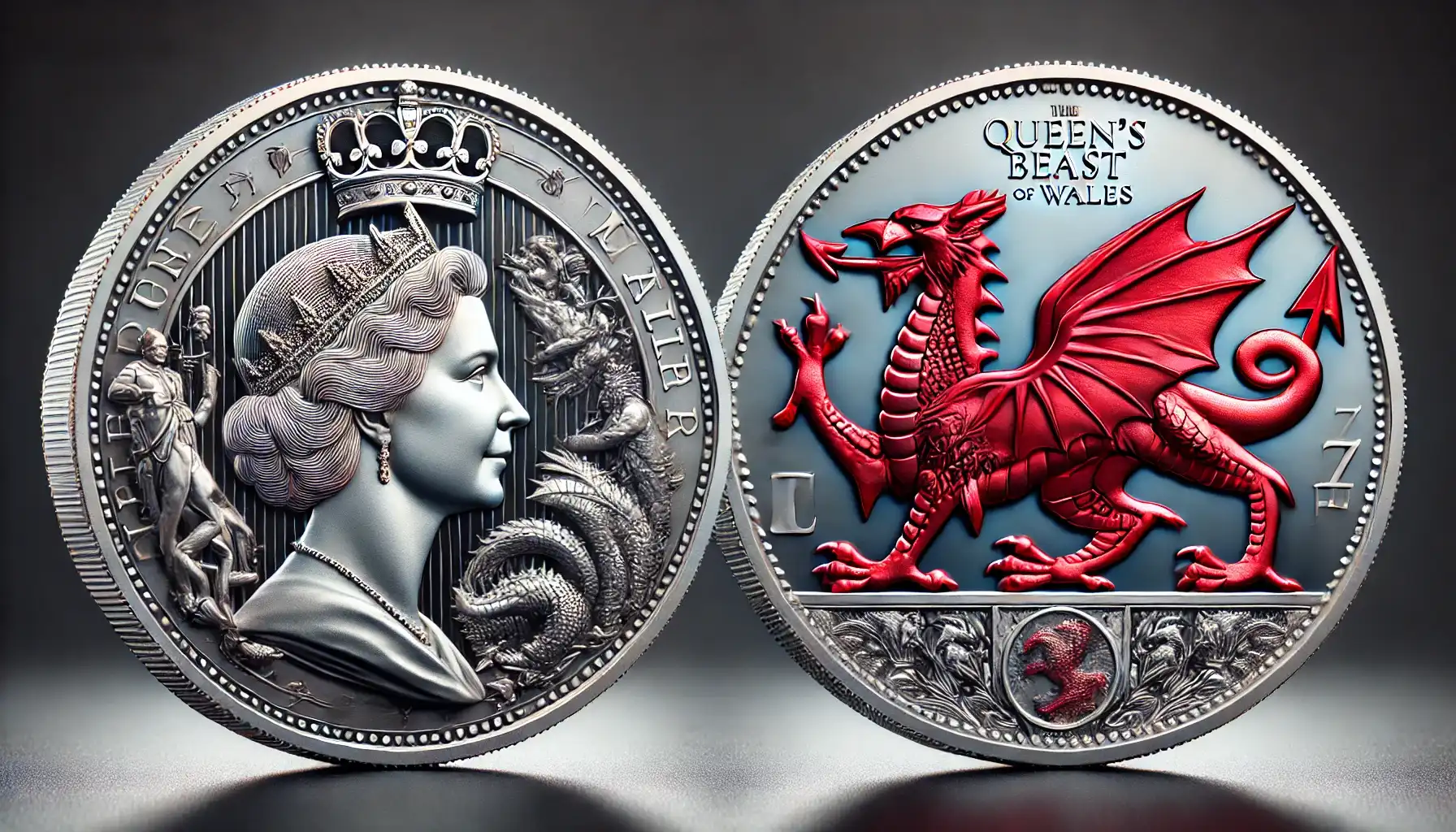 a picture showing the obverse and reverse of a silver beast coin - the Red Dragon of Wales