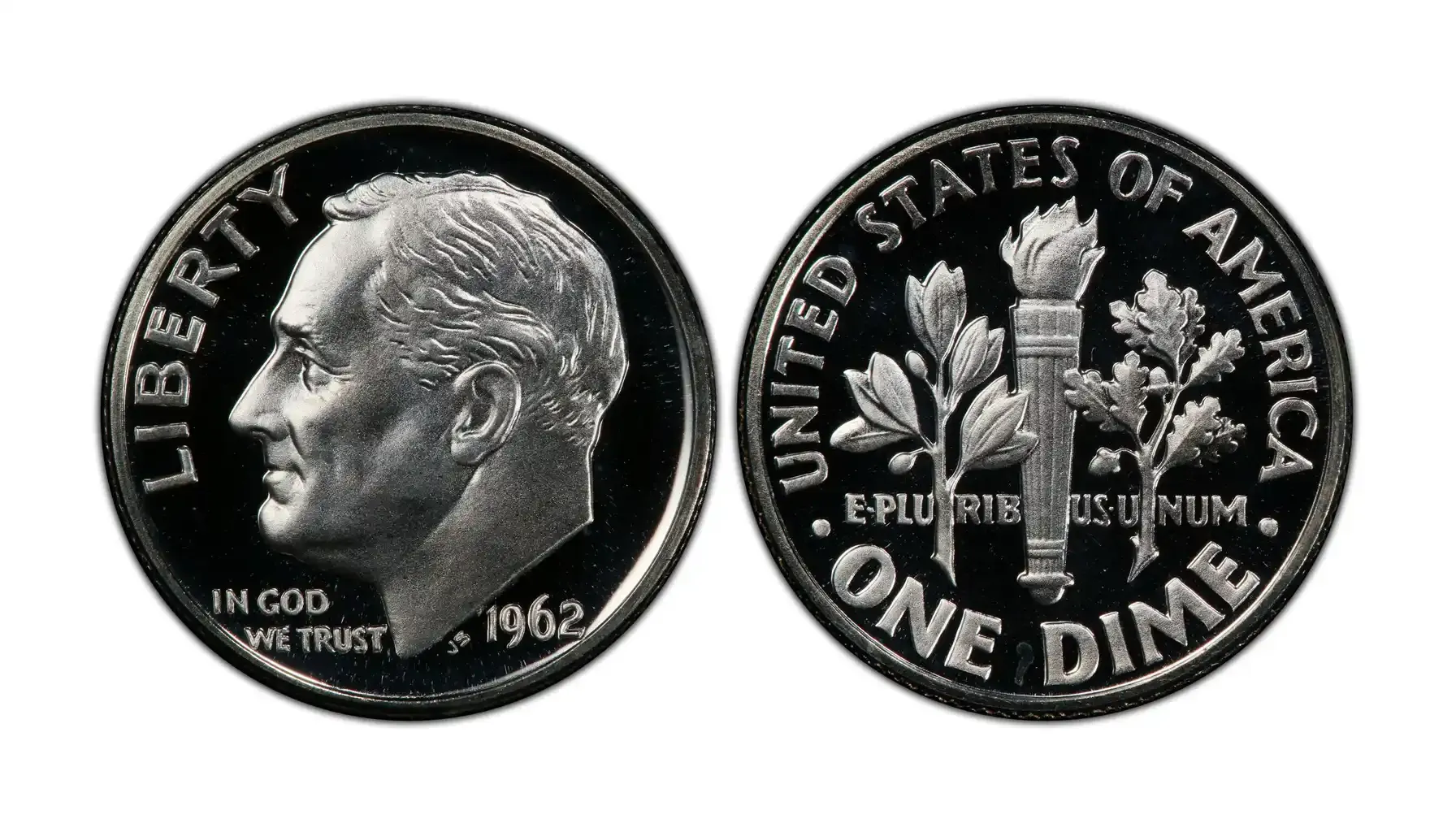 A picture of a 1962 Roosevelt dime with a Deep Cameo finish, highlighting the sharp contrast between the frosted design elements and the mirrored background.