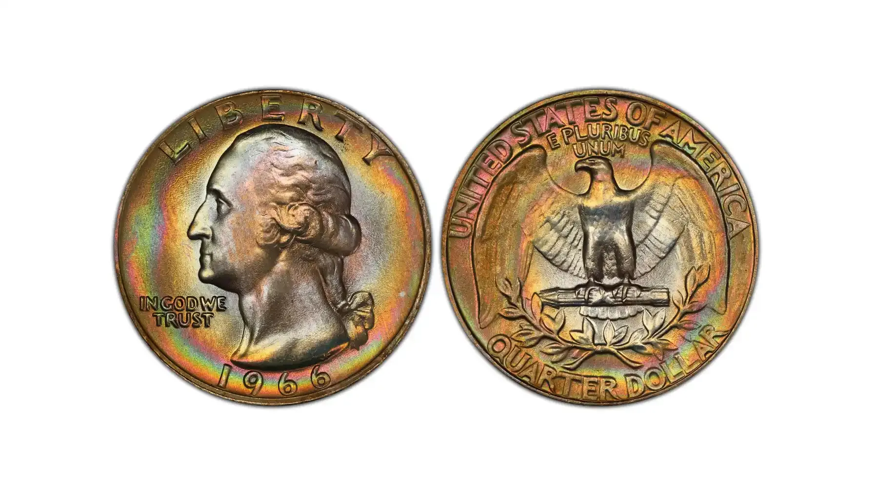 A picture of a 1966 Washington quarter, featuring George Washington on the obverse and a heraldic eagle on the reverse.