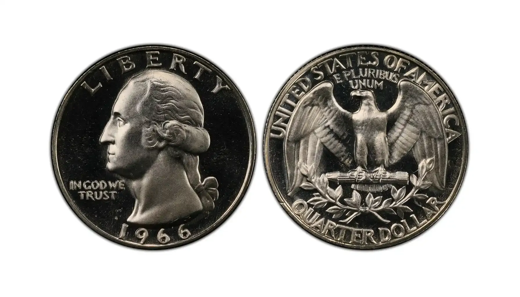 A picture of a 1966 Washington quarter from a Special Mint Set (SMS) with a Cameo (CAM) finish.