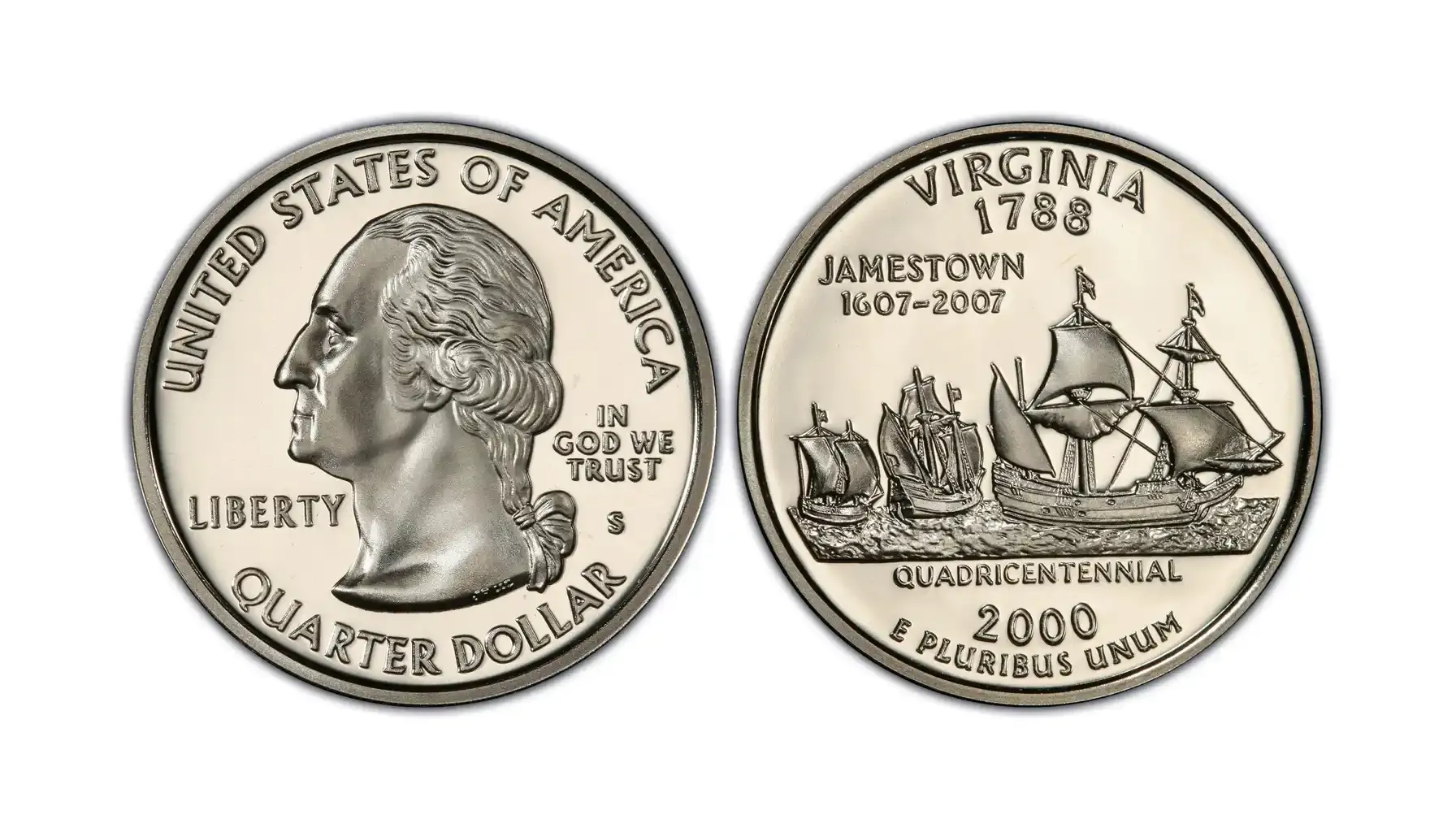 A picture of the 2000-S Virginia quarter, DCAM proof, featuring the ships Susan Constant, Godspeed, and Discovery with a mirror-like background.