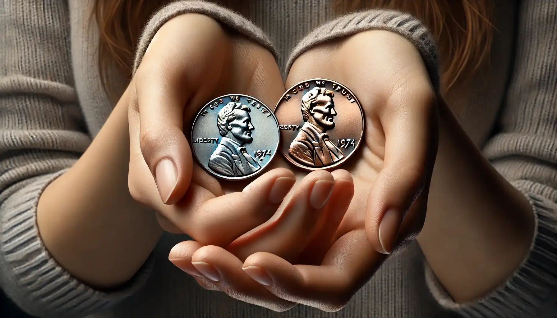 a picture of an aluminium penny and 1 cent 1974 in female hands.