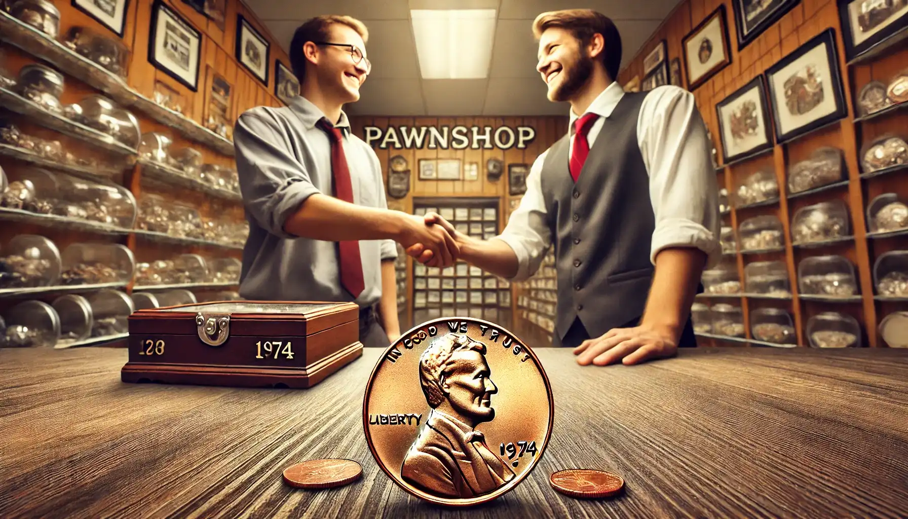 two smiling numismatists shake hands, 1974 no mint penny lies on the pawnshop table in front of them.