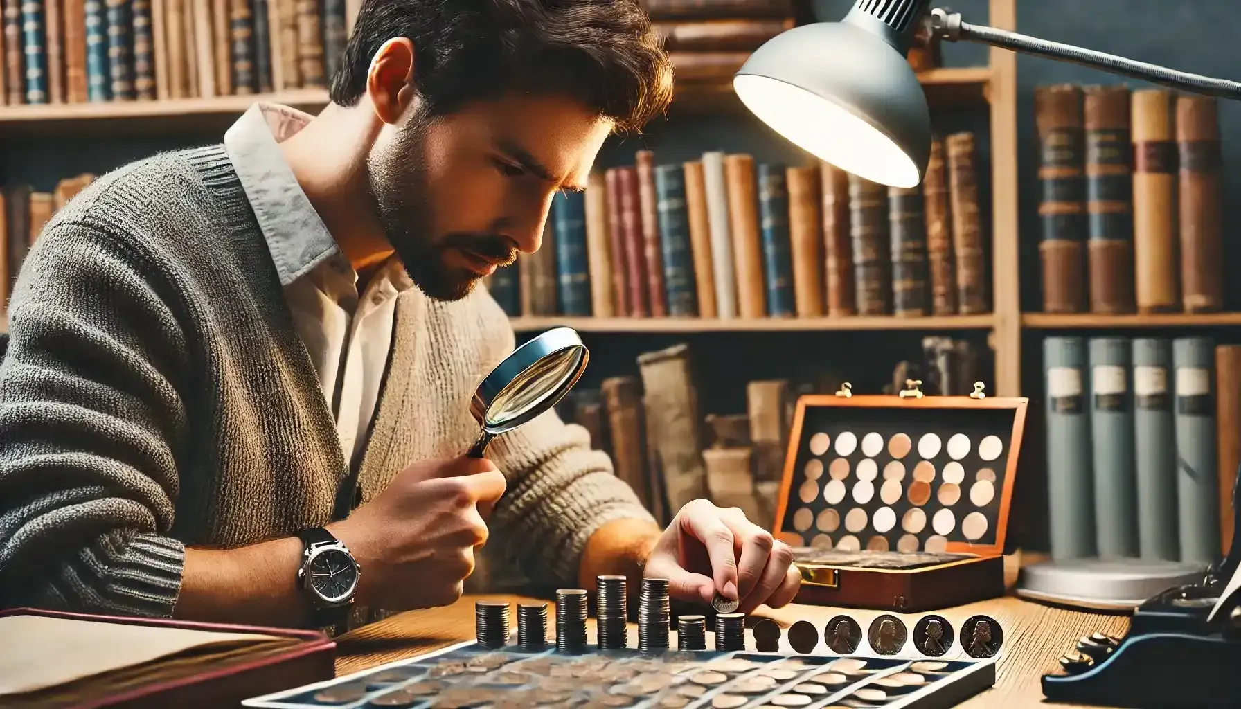 a male numismatist looking for a 1974 penny in his coin collection