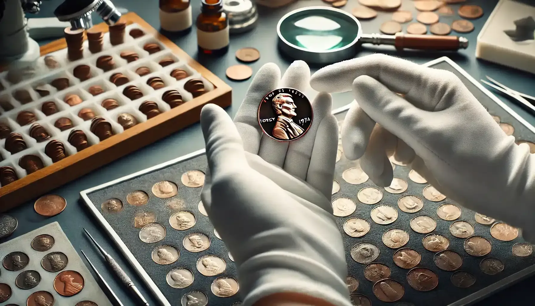 a collector in gloves holds a 1974 no mint mark penny