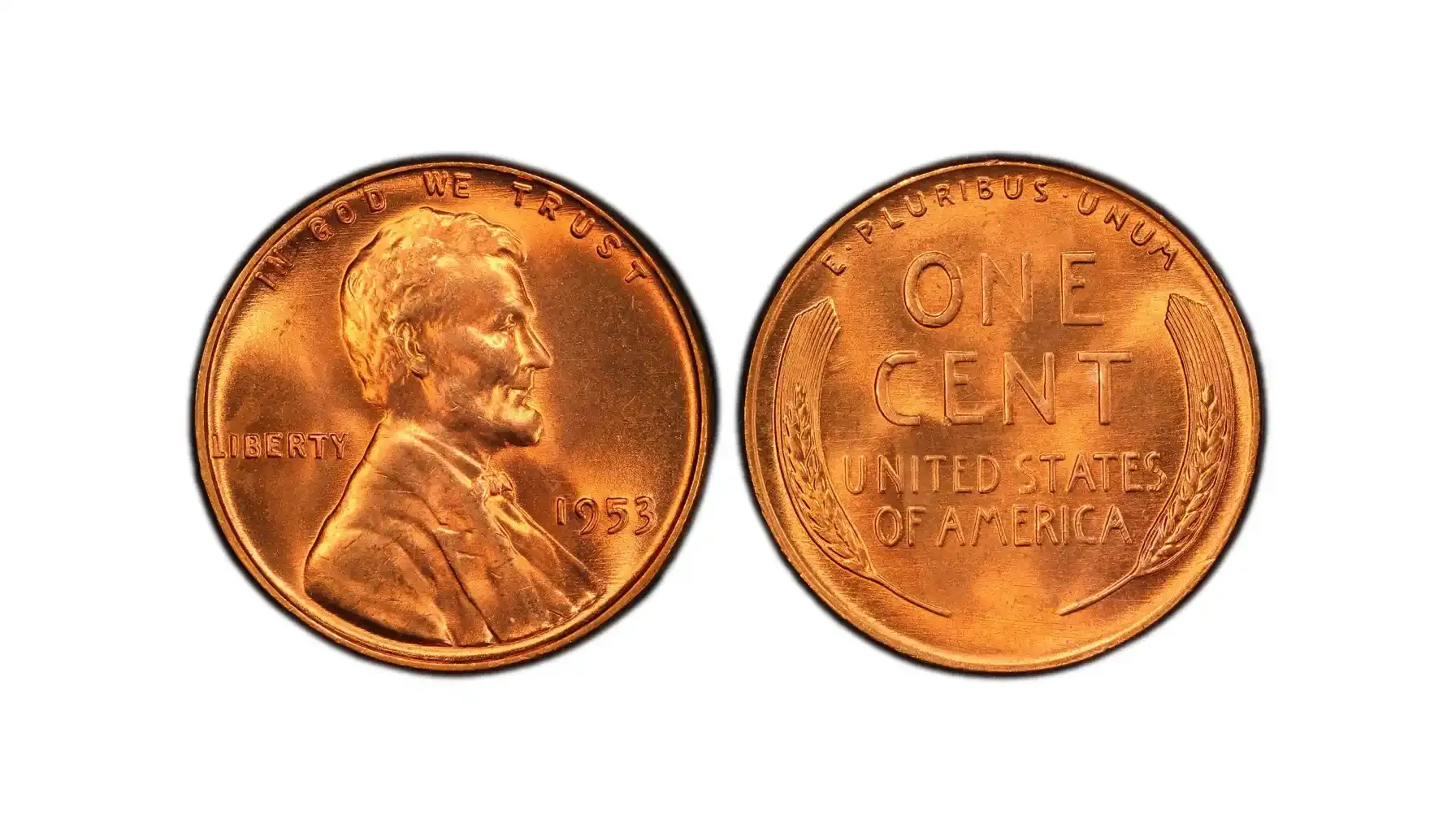 A picture of a 1953 1C Lincoln Wheat Penny with a Red (RD) designation from a regular strike.