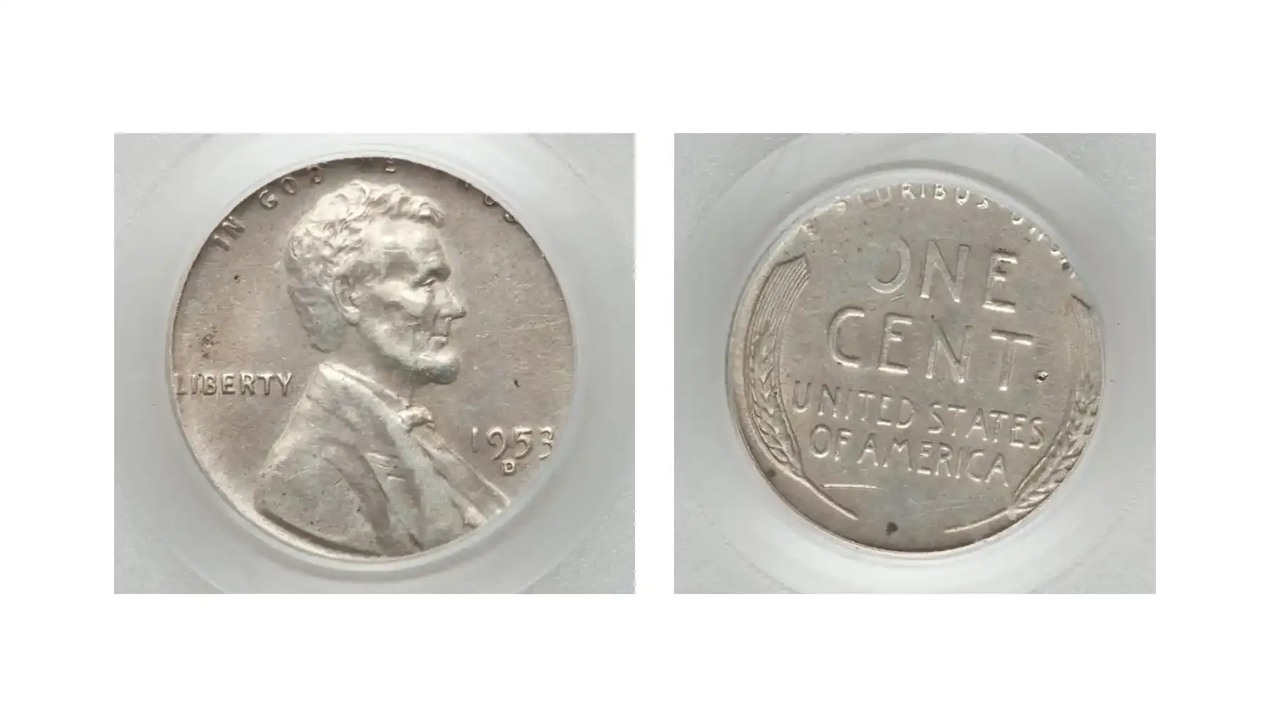 A picture of a 1953-D Lincoln Wheat Penny struck on a silver dime planchet