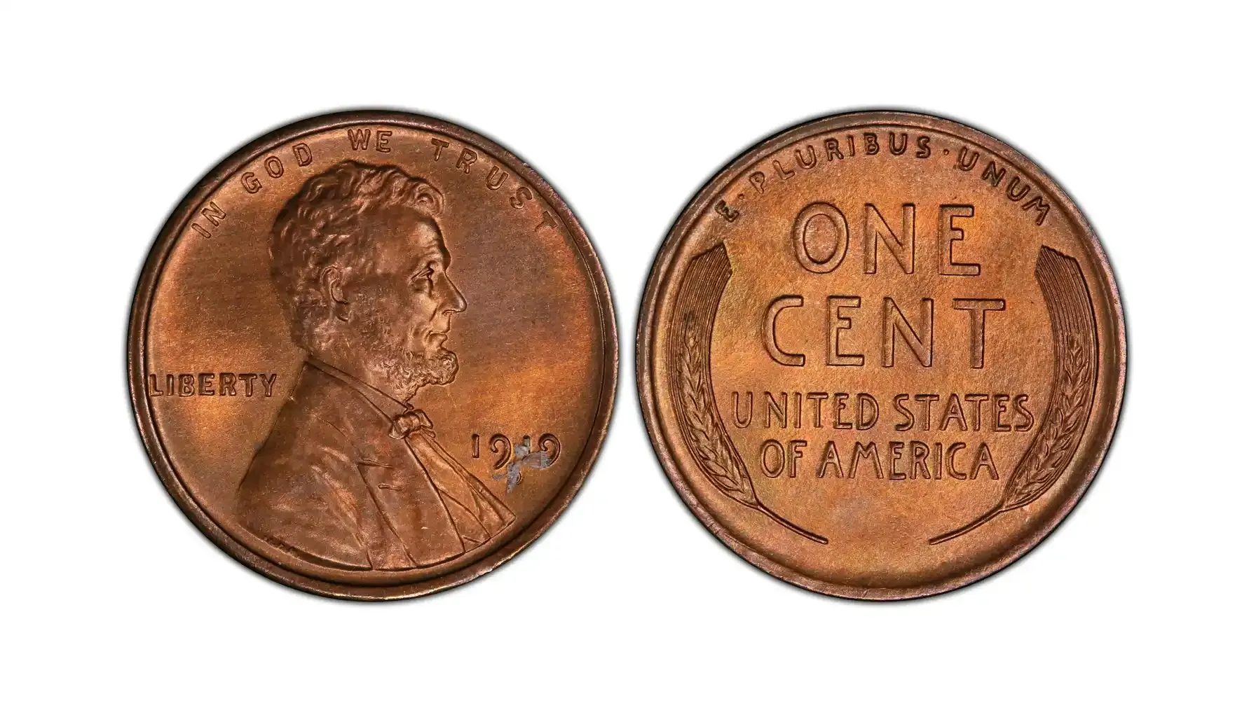 A picture of a 1919-D 1C penny with a red-brown (RB) color designation, showcasing its distinctive features.