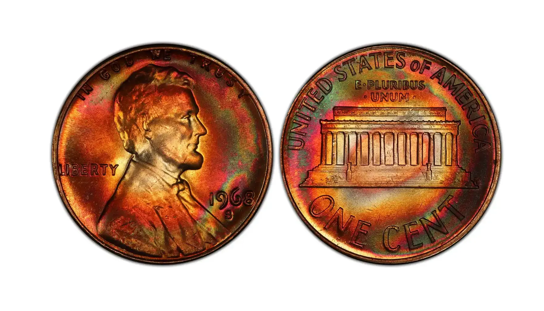 A picture of a 1968-S 1C Red-Brown (RB) Lincoln penny of the regular strike.