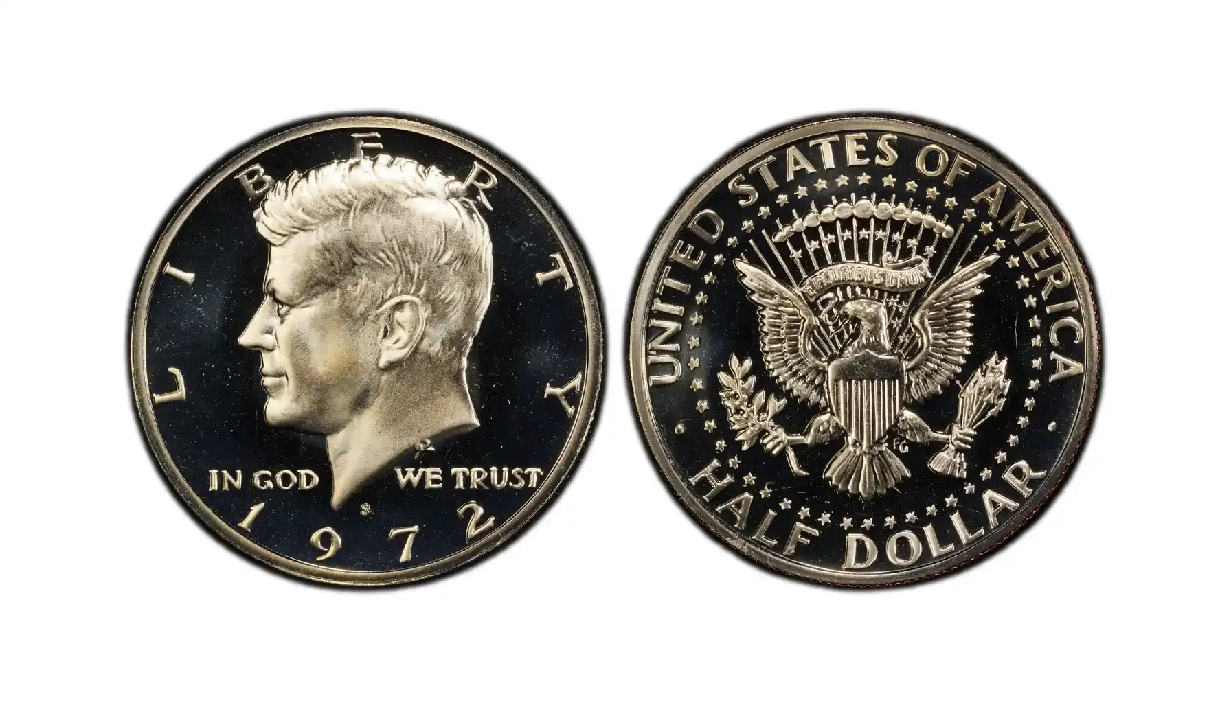 A picture of a 1972-S Kennedy Half Dollar Cameo Proof with a frosted design contrasting against a mirrored background.