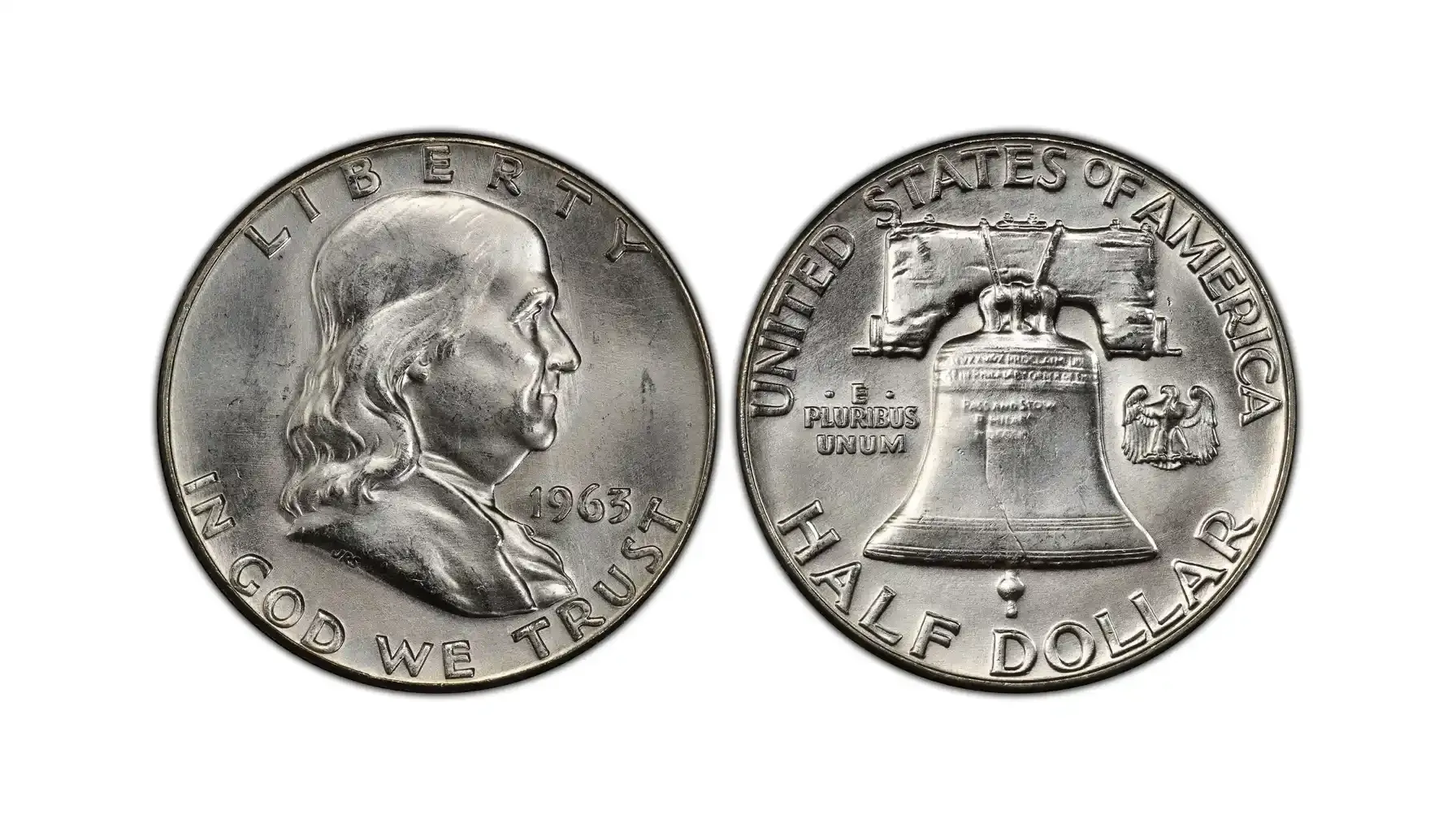 obverse and reverse of a 1963 Full Bell Line Franklin Half Dollar