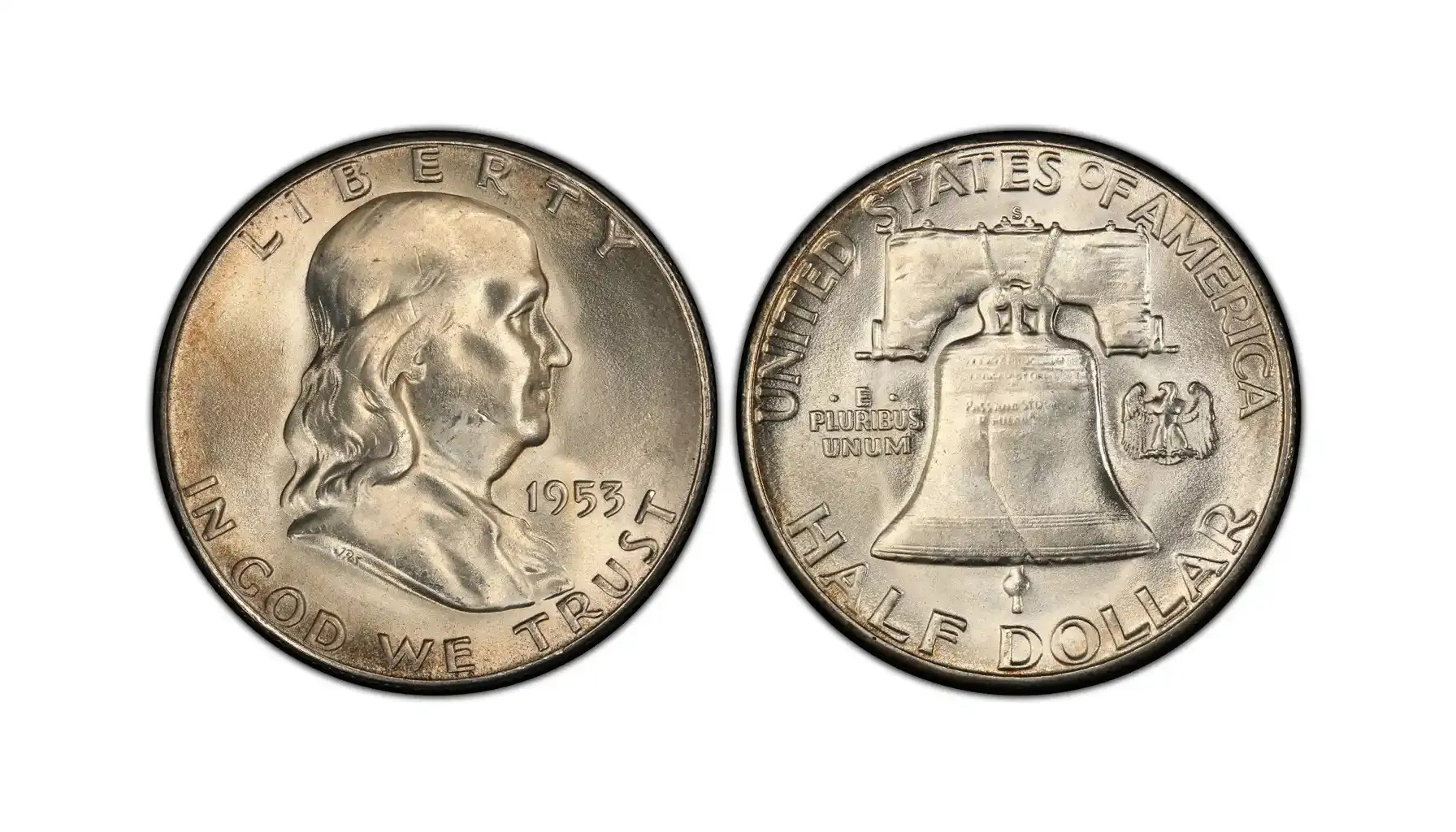 obverse and reverse of a 1953 S Full Bell Line Franklin Half Dollar