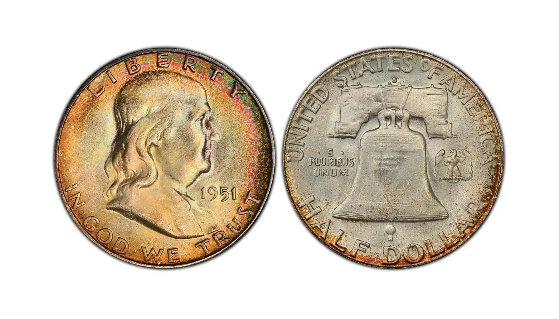 obverse and reverse of a 1951 S Full Bell Line Franklin Half Dollar