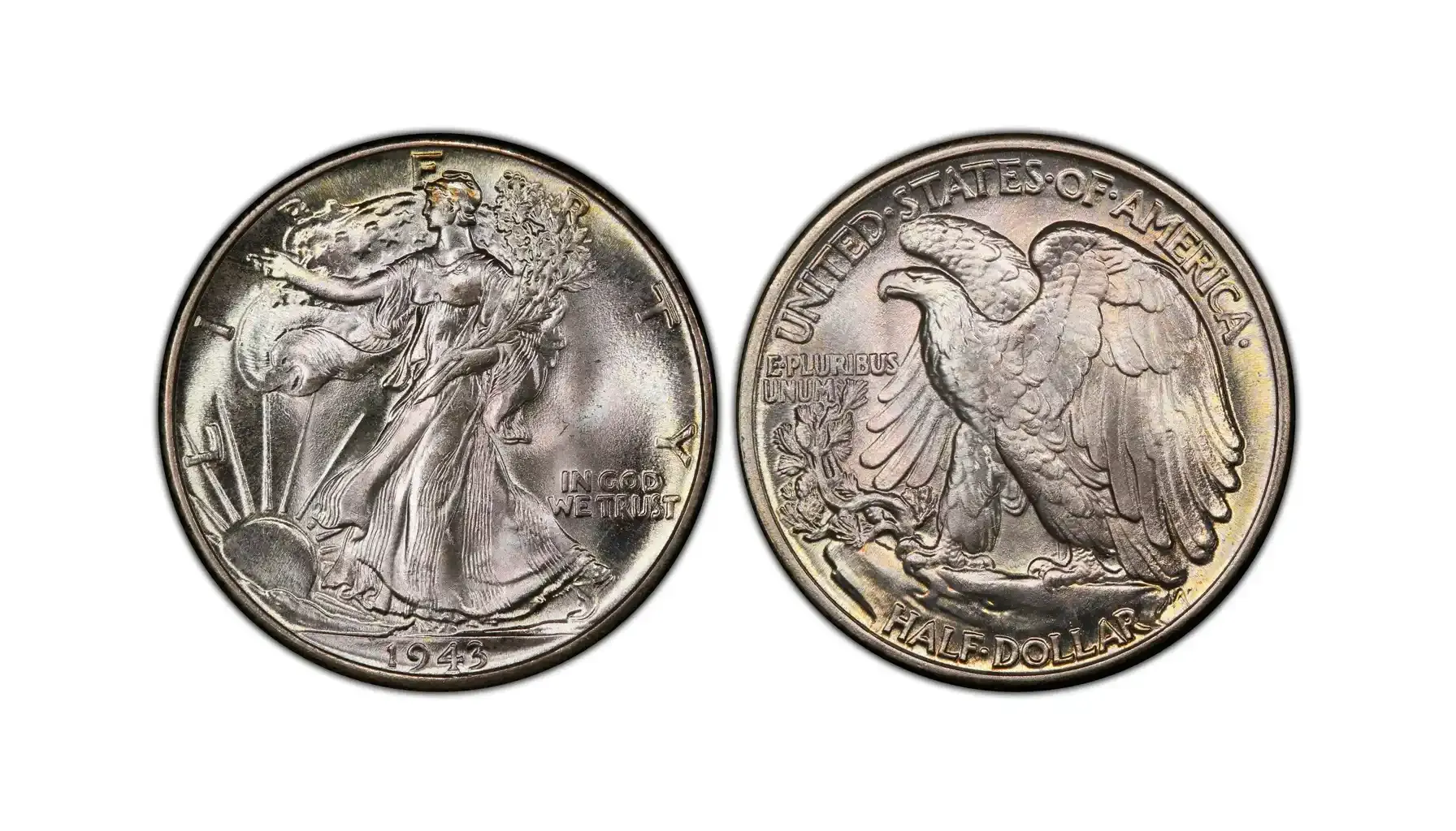 A picture of a 1943 Walking Liberty Half Dollar featuring the iconic Liberty walking design on the obverse and an eagle on the reverse.