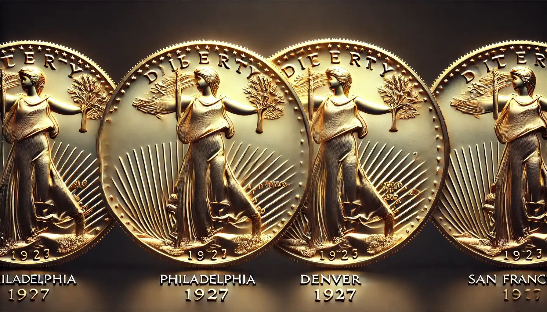 Side-by-side pictures of the 1927 Double Eagle coins with different mint marks: Philadelphia (unmarked), Denver ('D'), and San Francisco ('S')