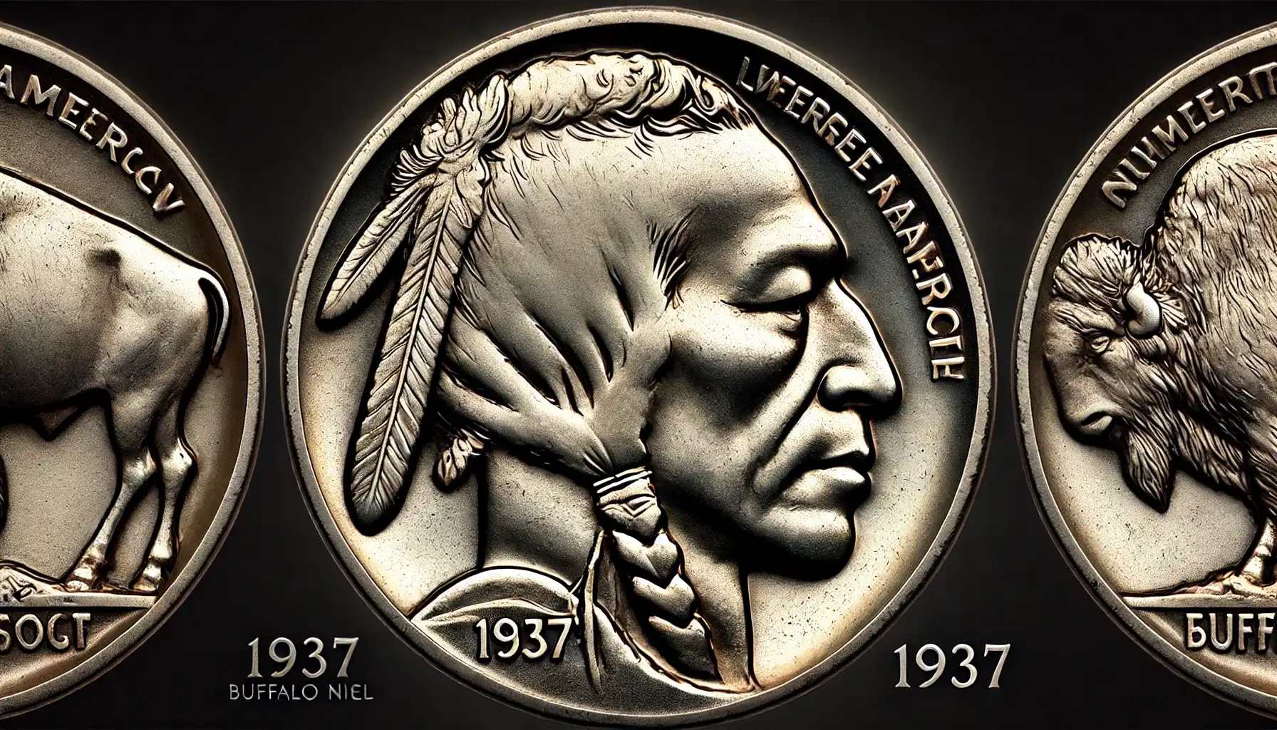 A close-up piture showing both sides (obverse and reverse) of the 1937 3-Legged Buffalo Nickel.