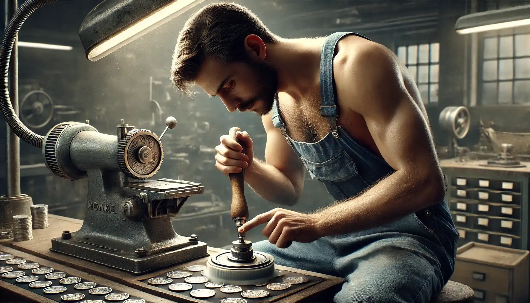 A serious man - a print yard worker polishes a minting stamp to remove its defects.