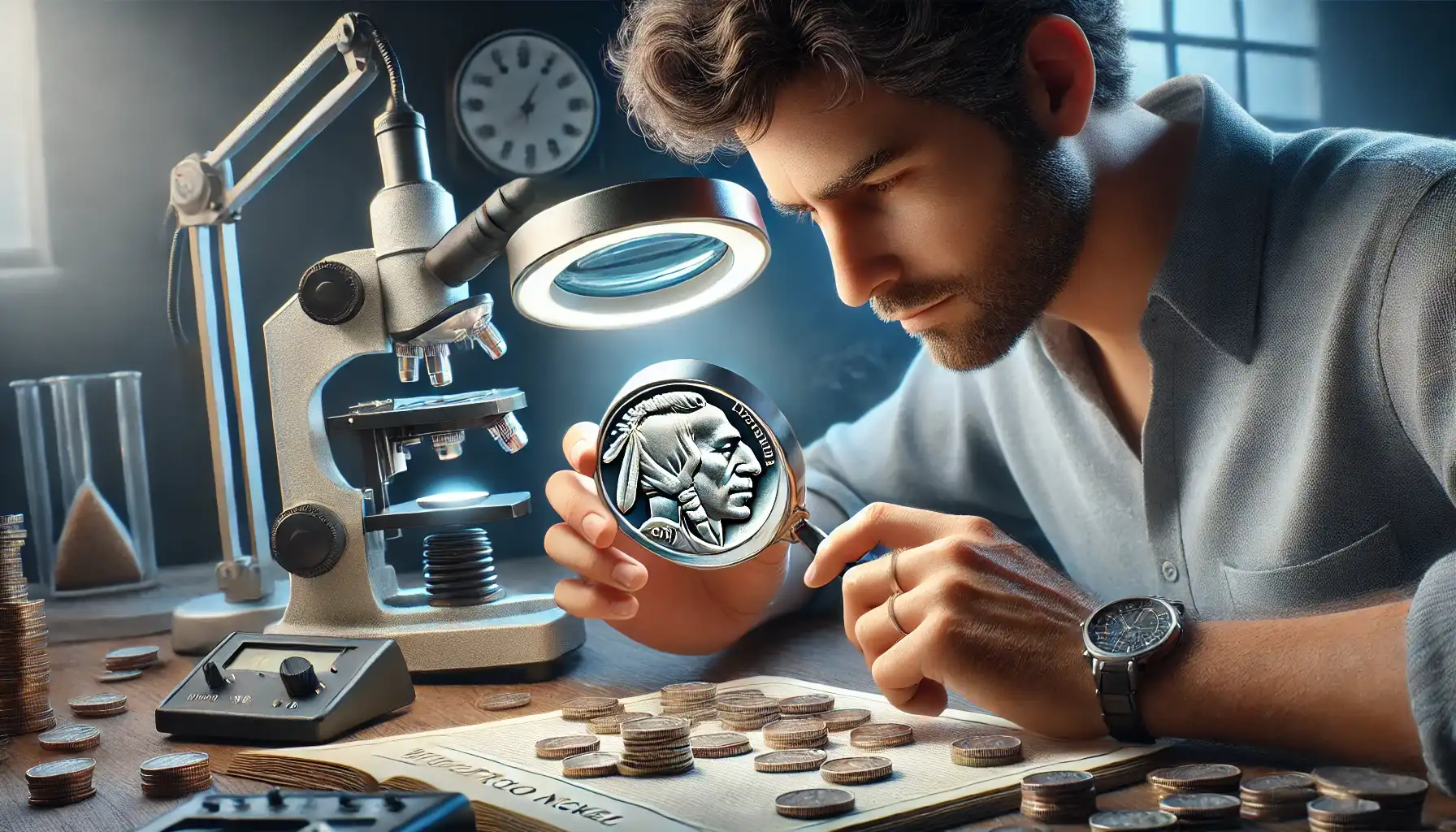 The male collector meticulously examines the buffalo nickel 1937 with specialized equipment to assess its condition and grade.