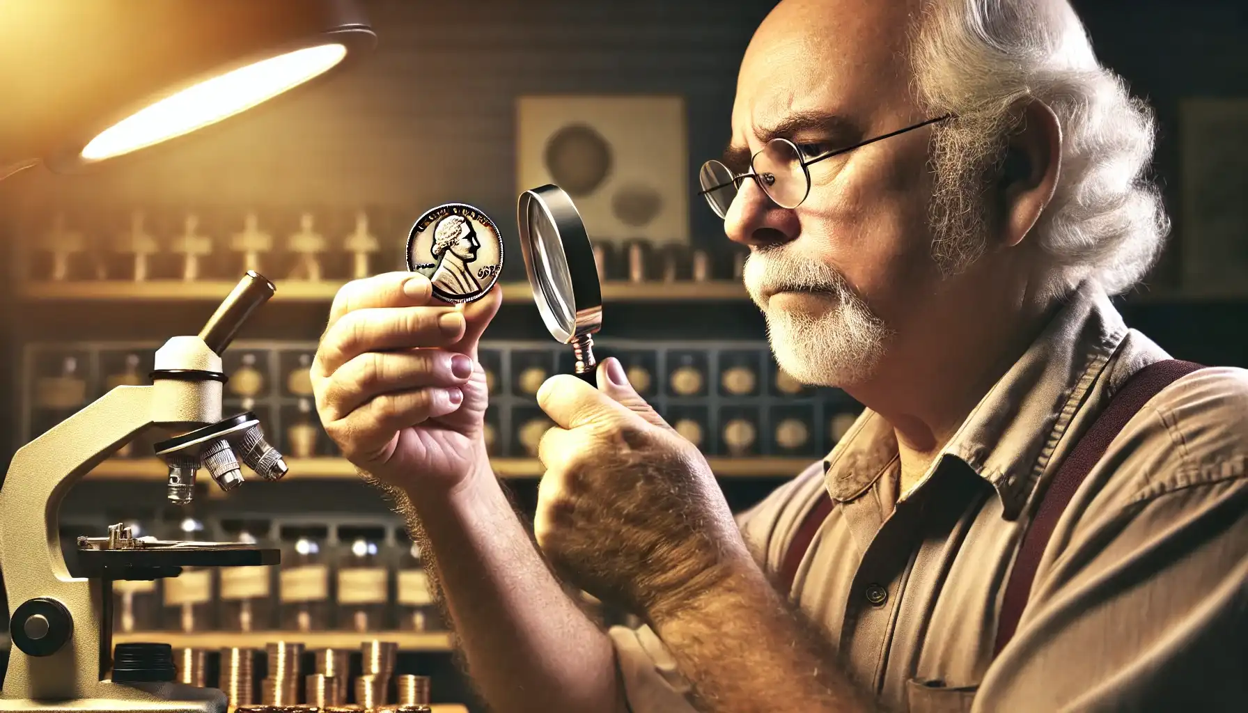 An elderly male numismatist examines a 1791 dollar coin through a magnifying glass in his office.