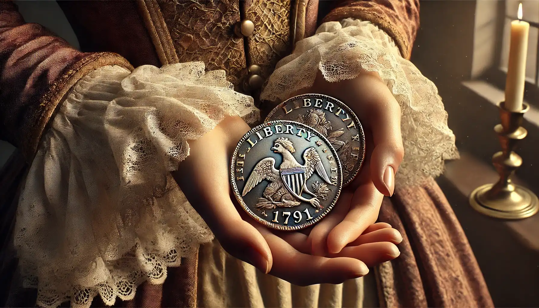 a close-up photo of 1791 trade dollar coins in a woman's hand from the 18th century in the United States.