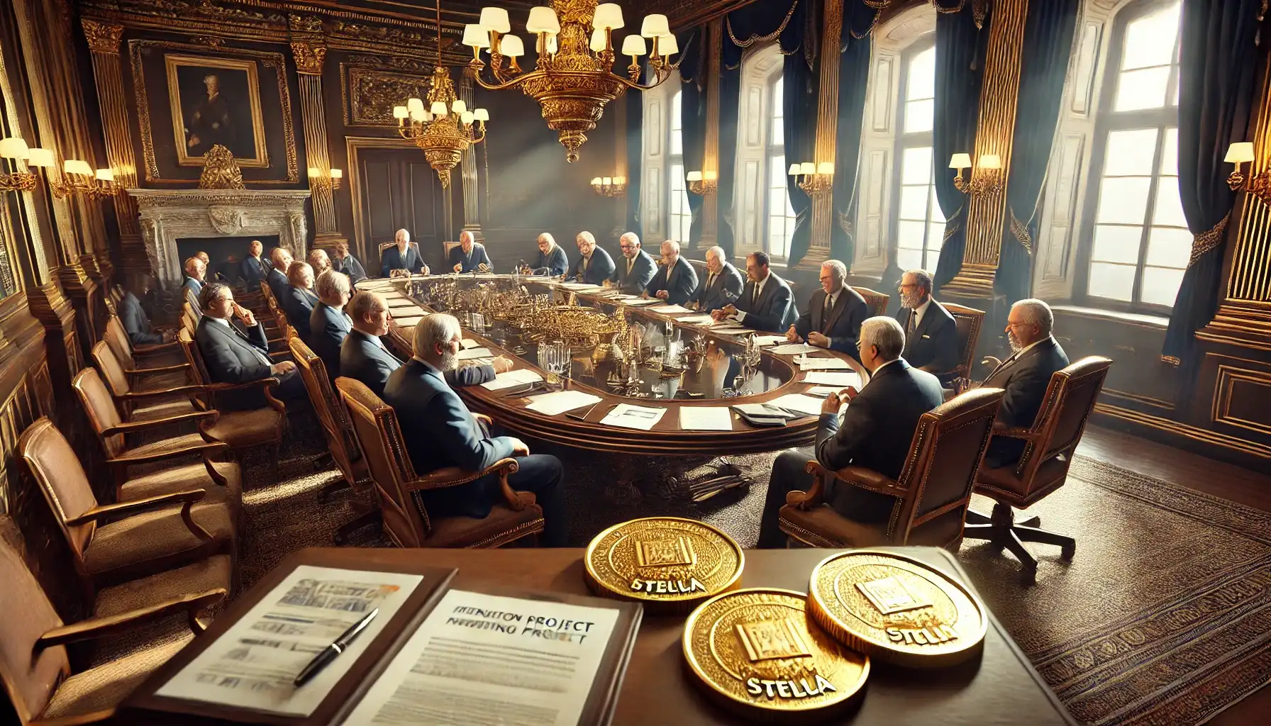 Senators sit around the table and discuss the project and the importance of minting Stella coins for international trade