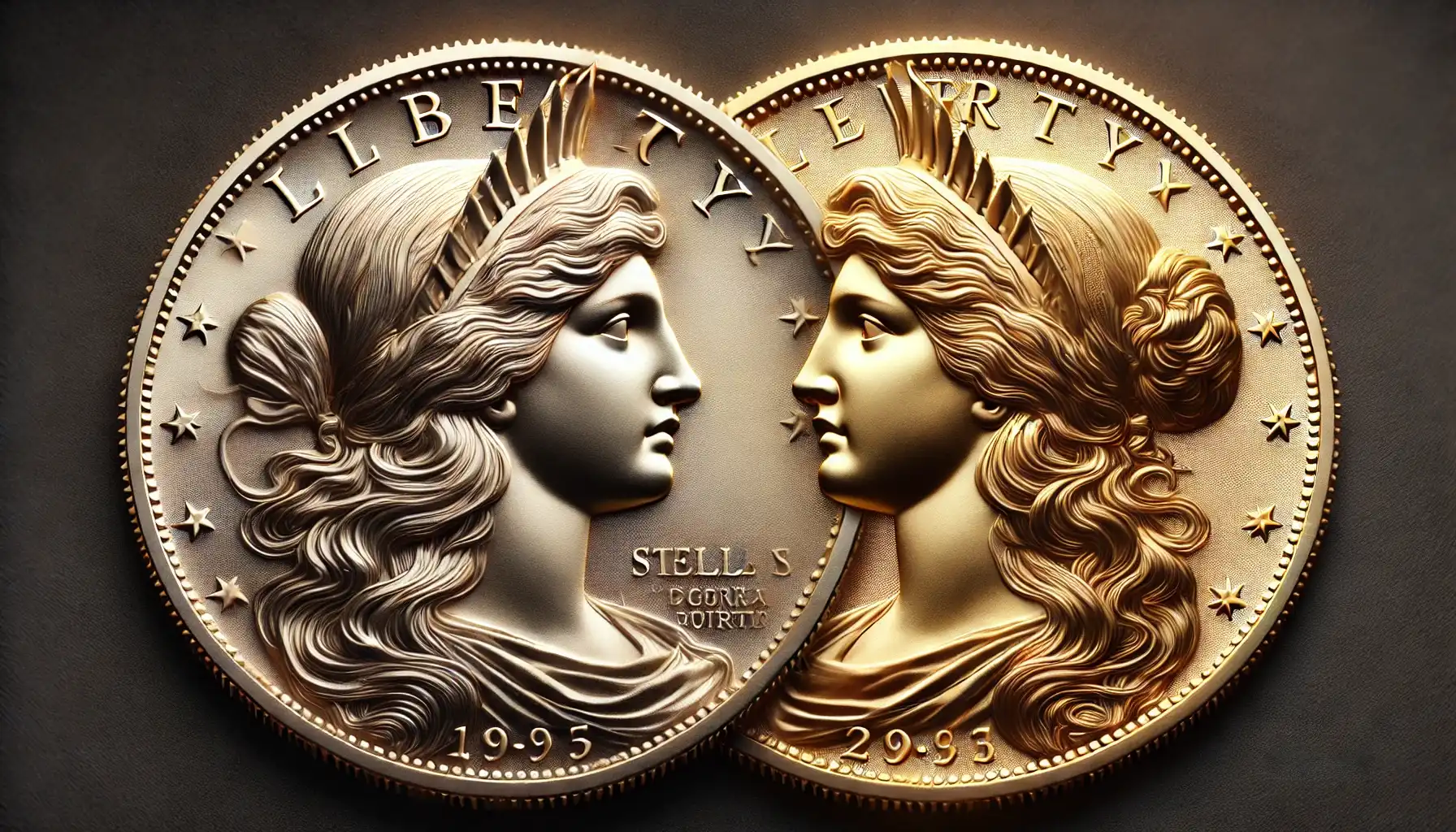 the close up of two different obverse designs of stella coins (one shows Flowing Hair Liberty, and the second demonstrates Coiled Hair Liberty).