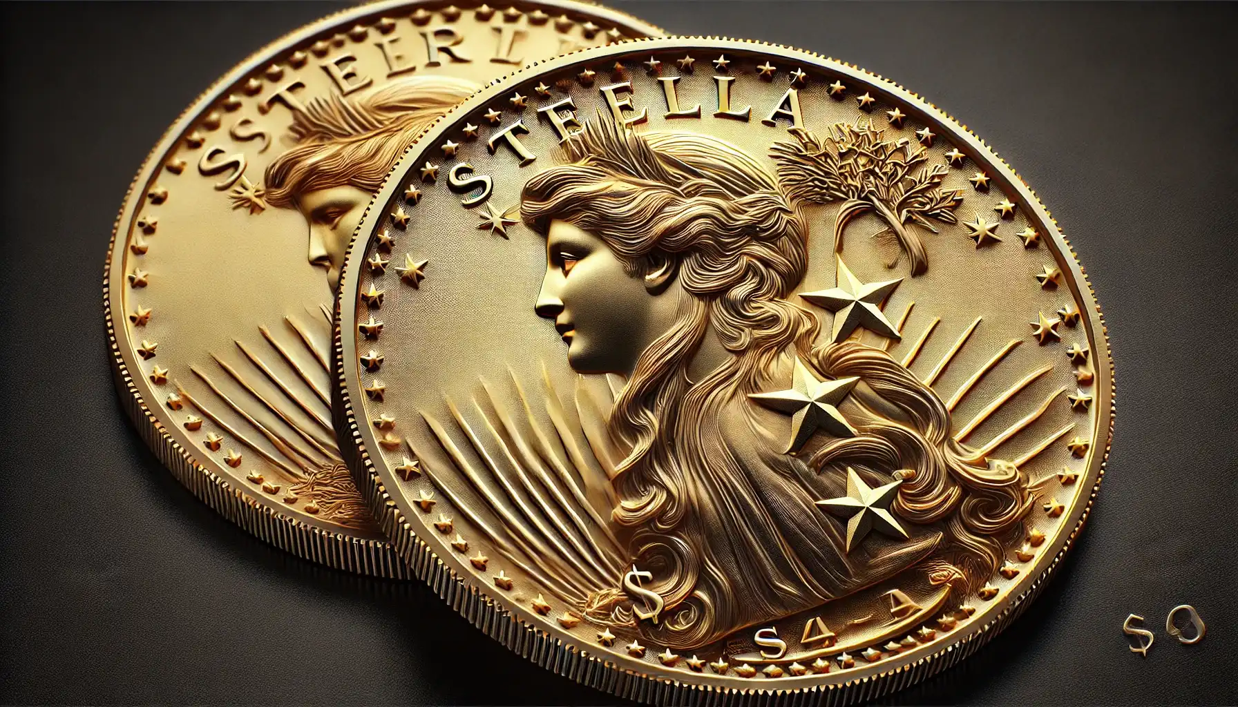 the close up of two different reverse designs of these 4 dollar gold coin (one shows Stella Flowing Hair Liberty, and the second - Stella Coiled Hair Liberty).