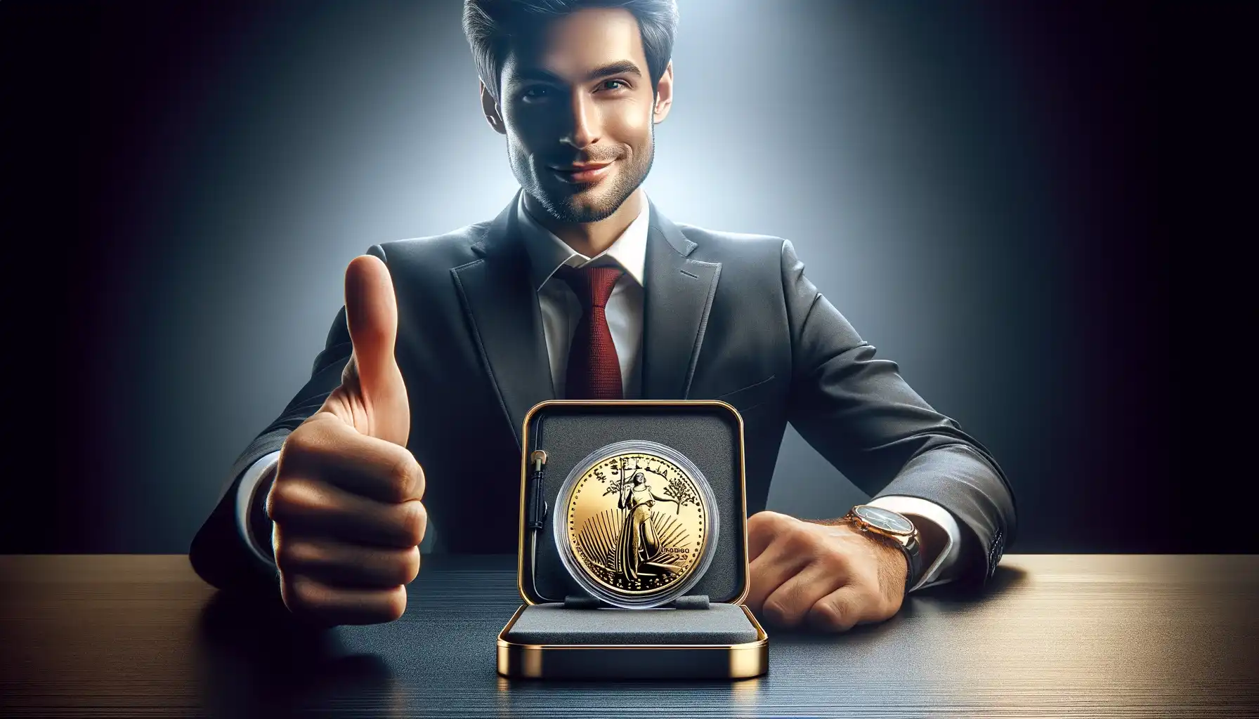 A satisfied male investor shows his thumbs up, $4 gold coin lies in front of him in a protective case