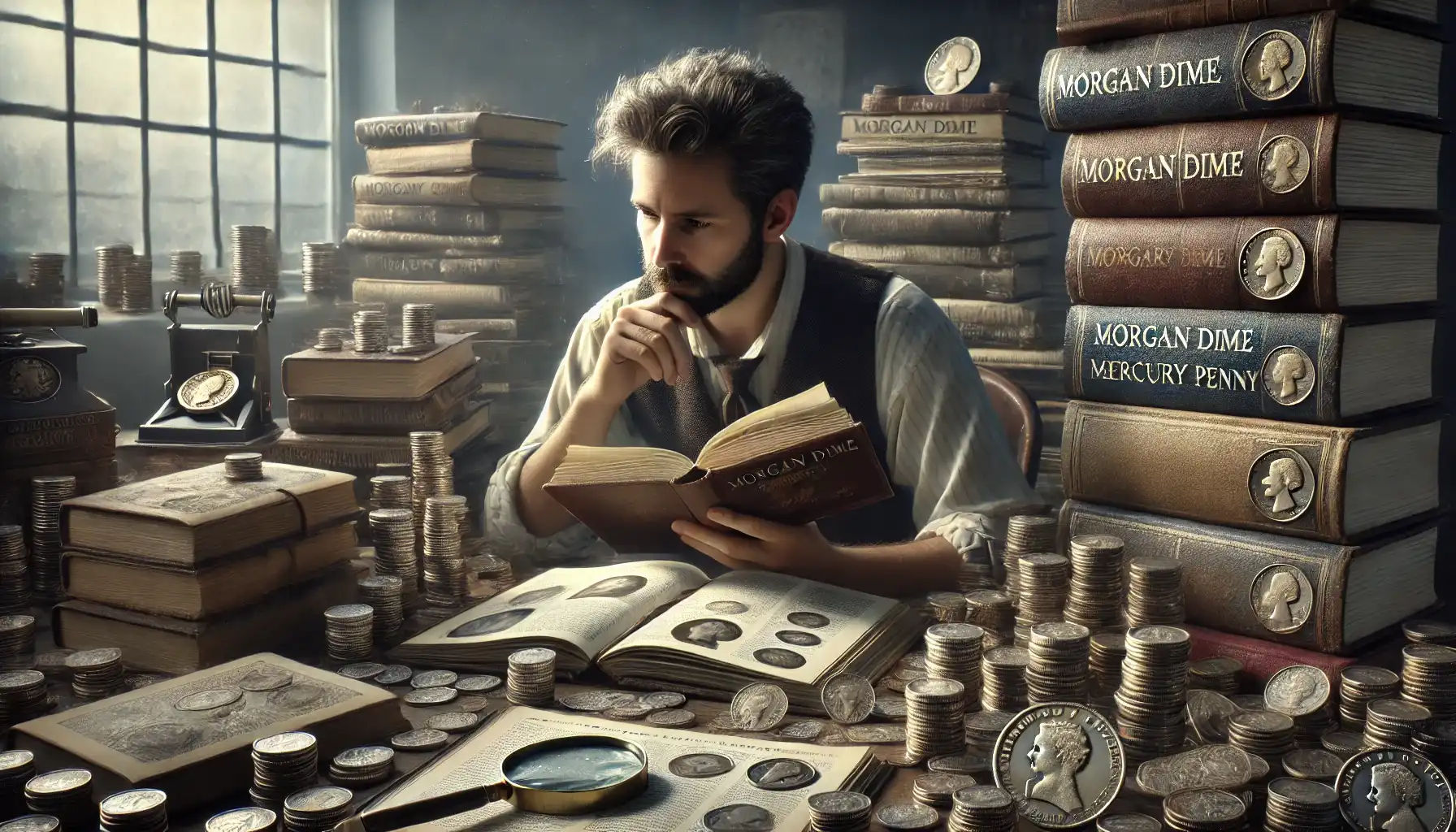 A thoughtful collector surrounded by a pile of numismatic books trying to find information on the Morgan dime and Mercury penny