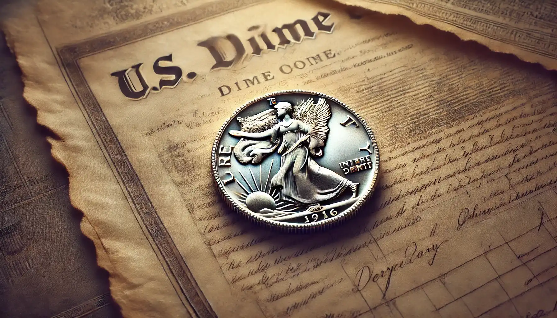 A picture of a well-preserved one dime 1916 placed on a historical U.S. document or an antique map.