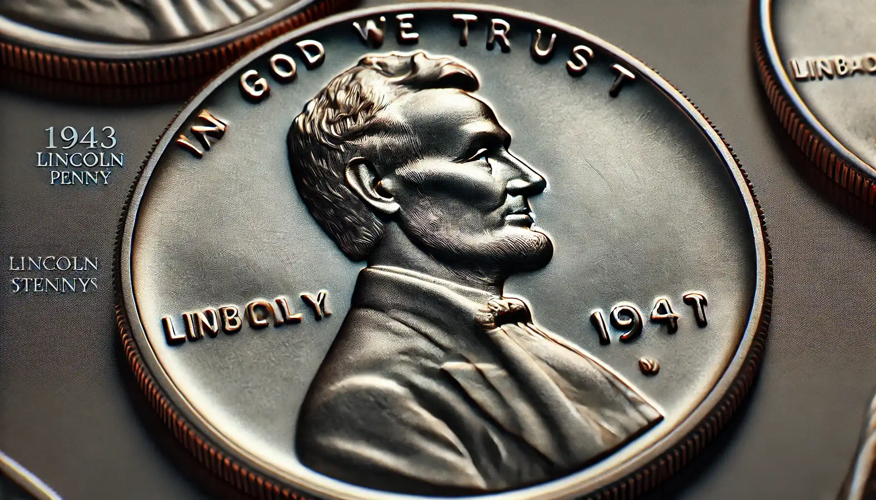 A close-up photo of a 1943 Lincoln Steel Penny, showcasing Abraham Lincoln's profile on the obverse, with its silver-gray color distinctive of steel pennies.