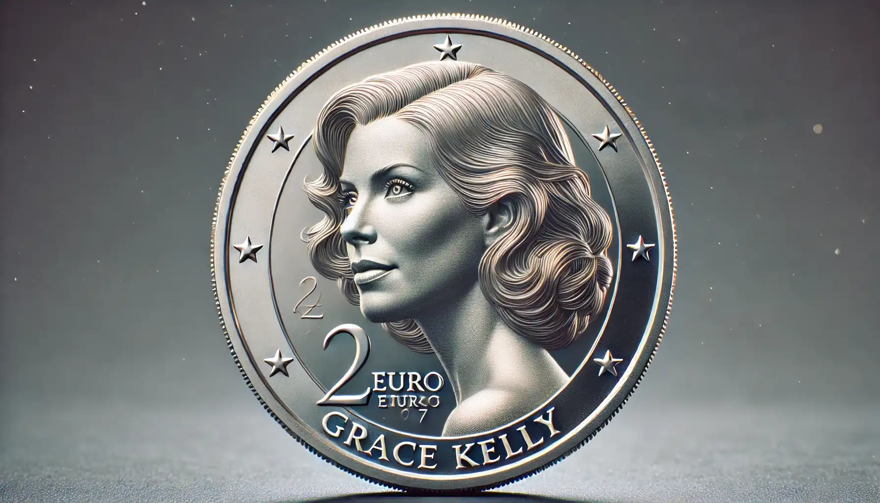 A close-up photo of a 2 Euro Grace Kelly commemorative coin, featuring a detailed portrait of Grace Kelly on the obverse, with inscriptions highlighting her name and the year of issue.