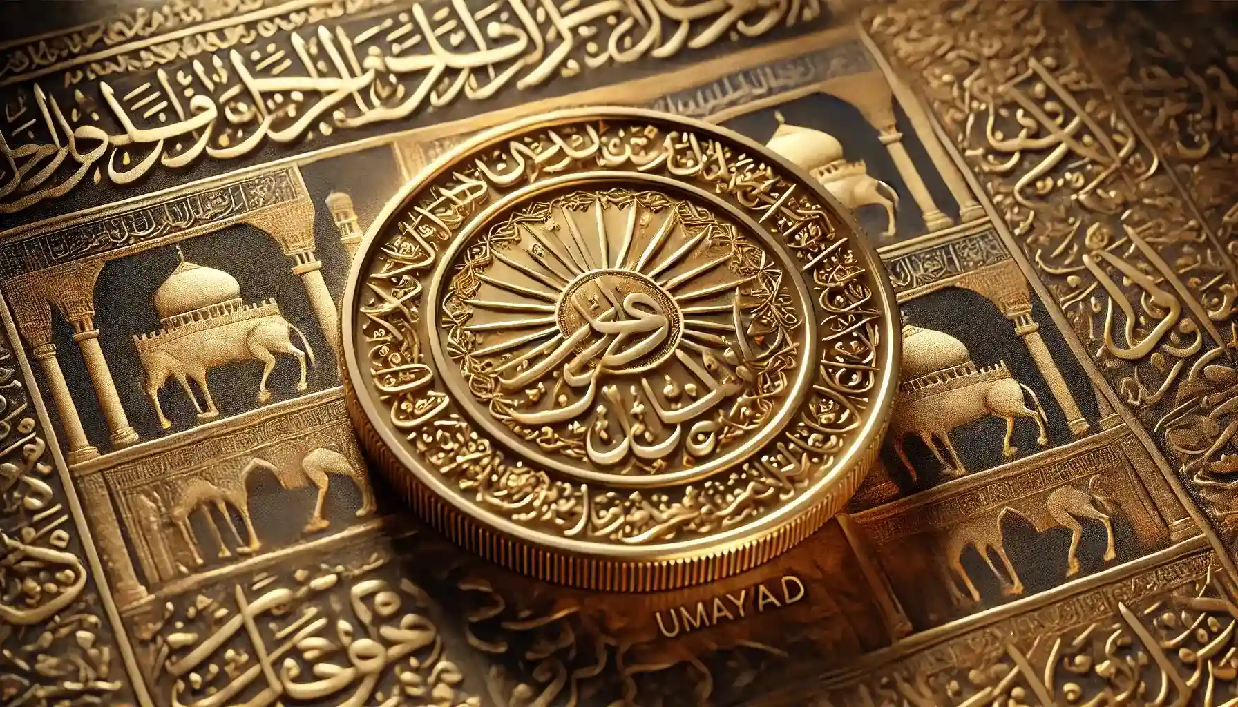 a picture of the Umayyad Gold Dinar with an Arabic background