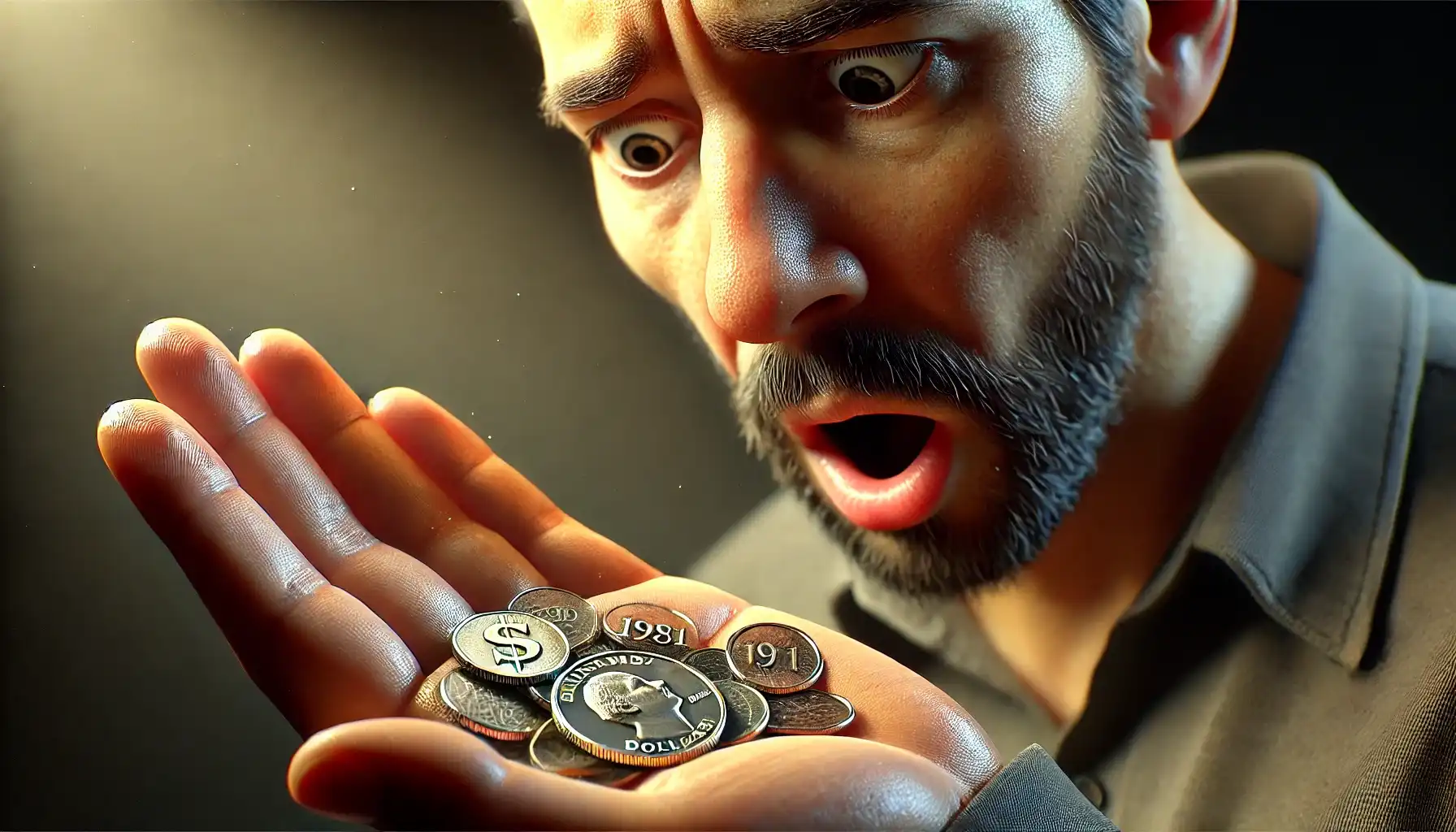 The surprised and annoyed man looks at his palm, which contains change, including a 1981 dollar coin.
