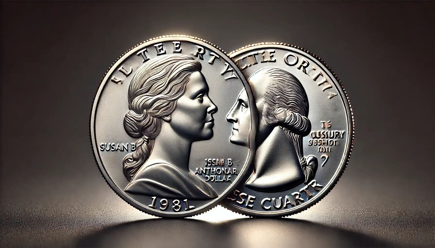 A side-by-side comparison photo of the 1981 Susan B. Anthony dollar and a 25-cent quarter, showcasing the similar size and color that led to public confusion.