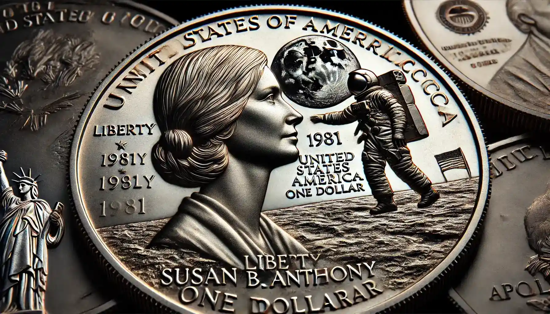 A detailed close-up image showing the obverse and reverse sides of the 1981 Susan B Anthony dollar