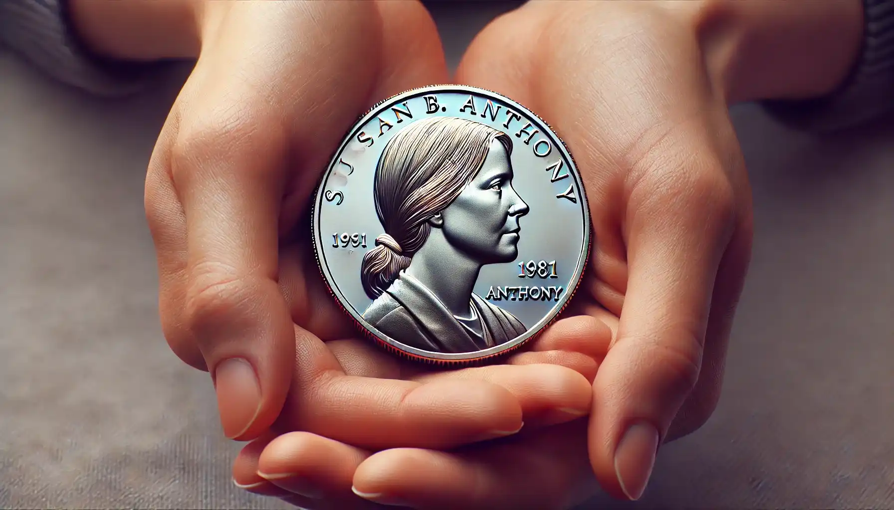 A picture with a pristine 1981 Susan B. Anthony coin in excellent condition, showing its well-preserved details and lustrous finish in the hands of the collector