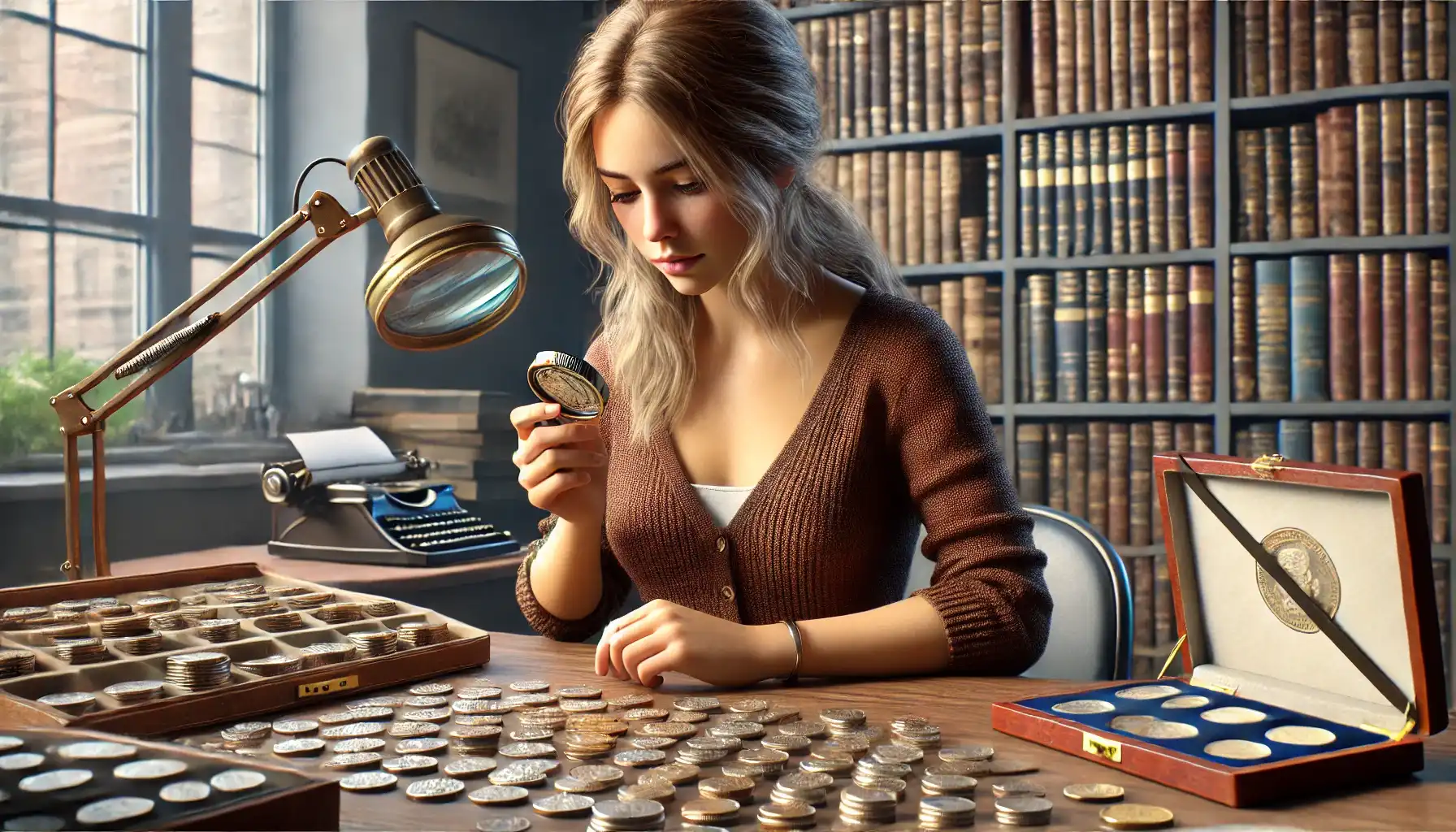 a female coin collector looking at her numismatics collection