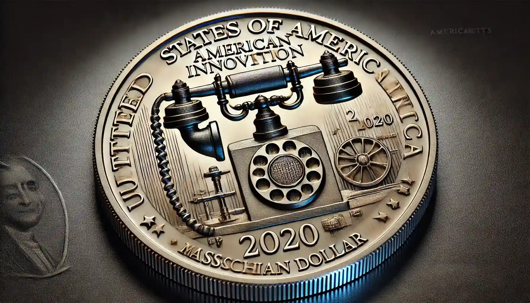 A close-up photo of the 2020 Massachusetts American Innovation dollar coin, featuring a design on the reverse that honors the invention of the telephone by Bell.