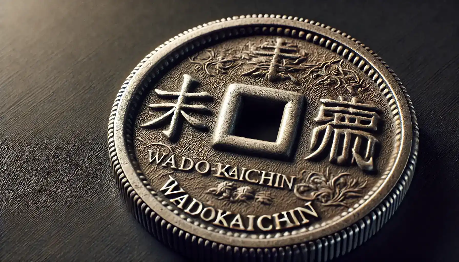 A close-up of a Wadōkaichin coin, one of the first metal Japanese coins, featuring a round shape with a square hole in the center and ancient Chinese characters.