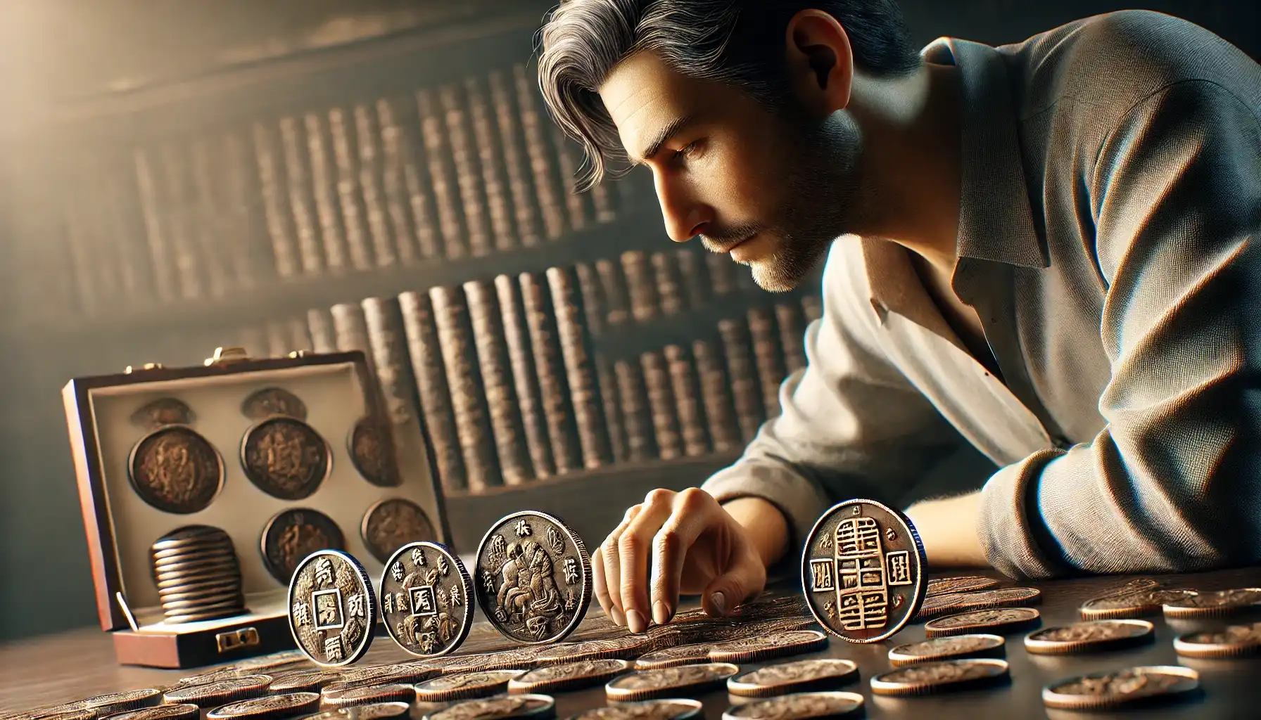 An image depicting a collector examining a mix of Chinese Song and Yuan dynasty coins, symbolizing their influence on Japan during the Kamakura period.