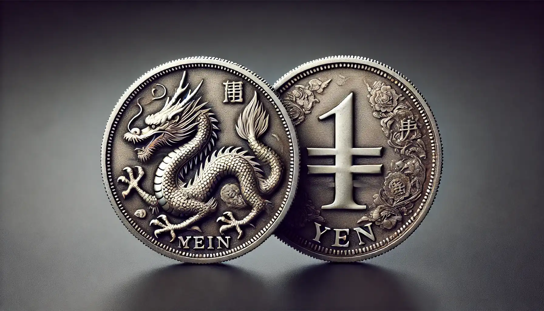 An obverse with a dragon and reverse with Japanese coat of arms of silver 1 yen coin from the Meiji era, showing modern currency system.