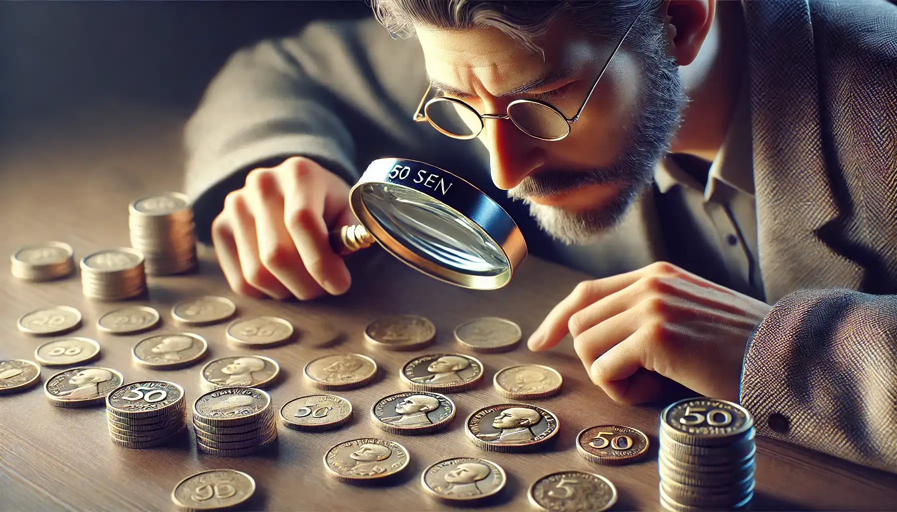 The collector scrutinizes under a magnifying glass a newer 50 Sen Coin and several old Japanese coins to compare and determine old japanese coins value