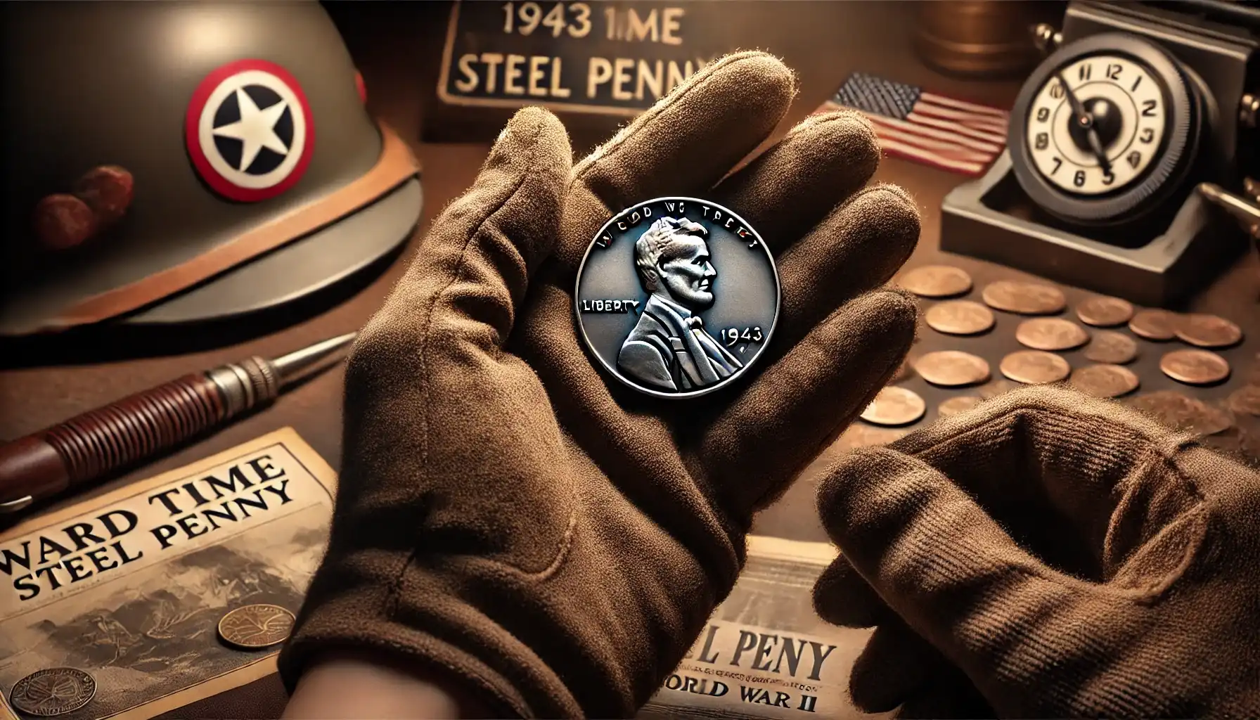 A collector holds a 1943 wartime steel penny, a prized piece in the wartime coin collection, representing the American legacy of World War II.