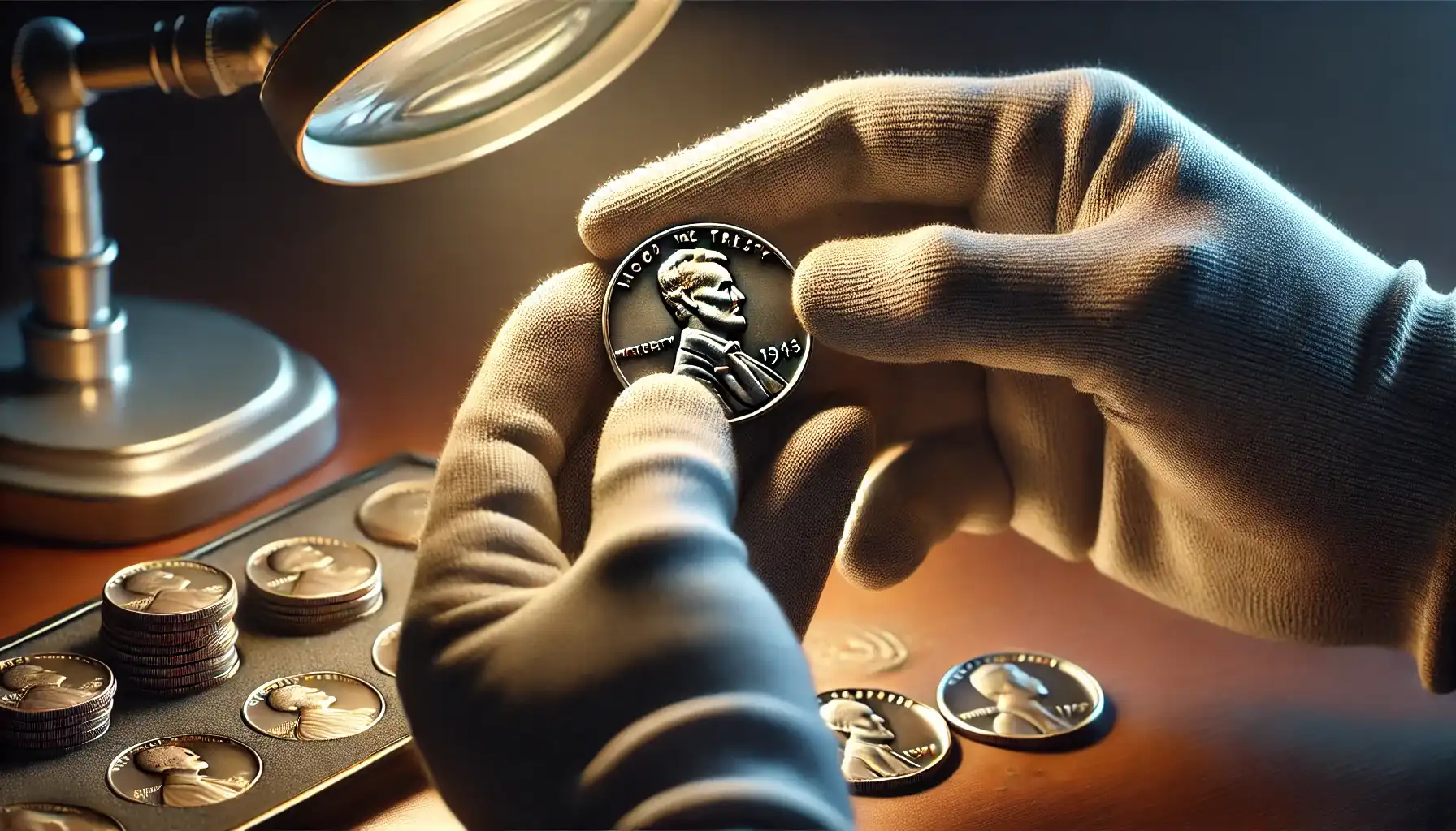 A collector carefully examines a 1943 wartime steel cents (pennies) 3-coin set (every coin has different mimt marks "P", "D", "S").