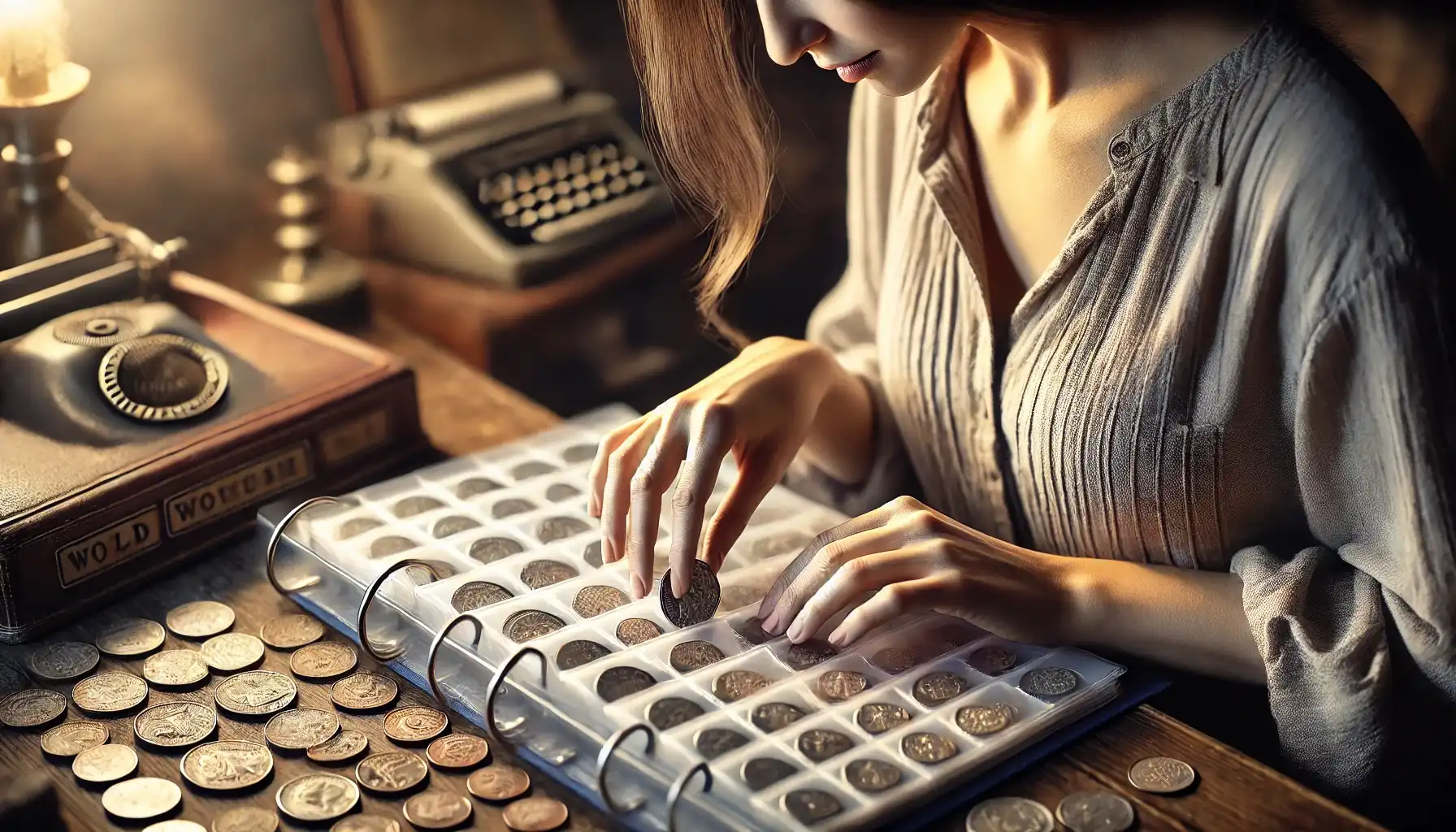 A female collector flips through a binder of rare WWII coins, including silver nickels and steel pennies, preserving the history of wartime sacrifices.