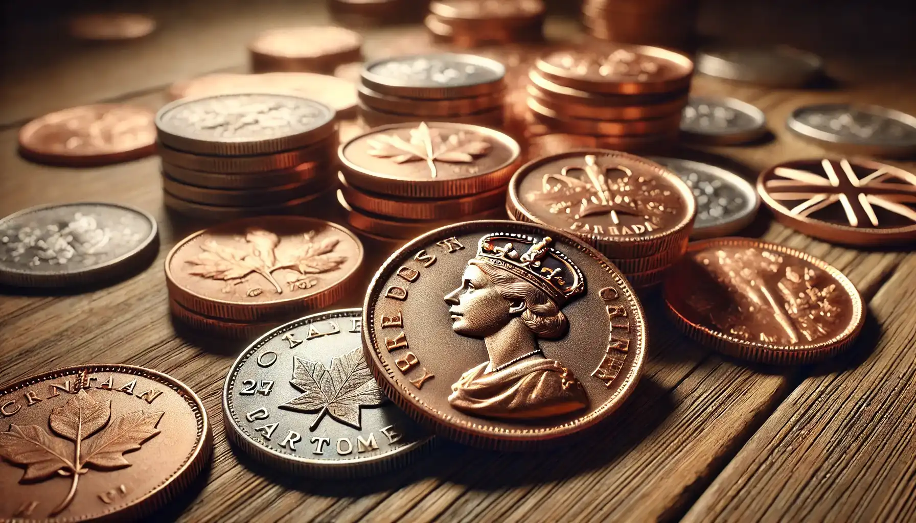 Close up of British and Canadian wartime coins lying on the table, showing the shift to copper and chrome-coated steel they are made from to save military resources.